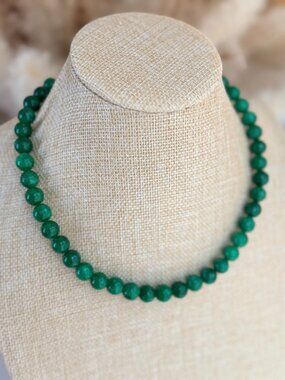 10mm Green Stone Beaded Necklace Statement Minimal Jewelry